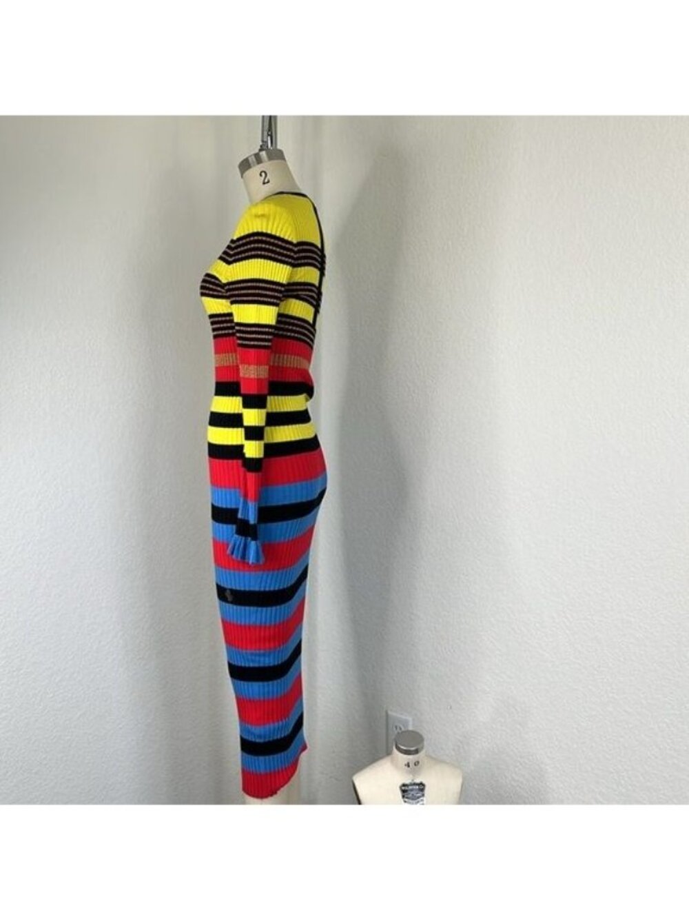 Opening Ceremony Striped Ribbed Knit Midi Dress In Azure Multi Ruffle - Picture 7 of 11